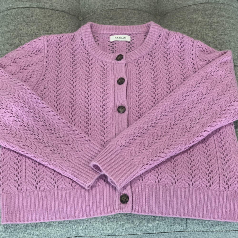 Naadam cashmere cable knit cardigan, size XL in a beautiful lavender color